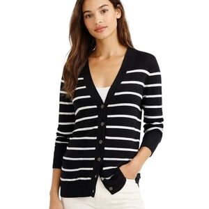 J Crew Cardigan Merino Wool Preppy Nautical Womens Medium Academia Stripe Black